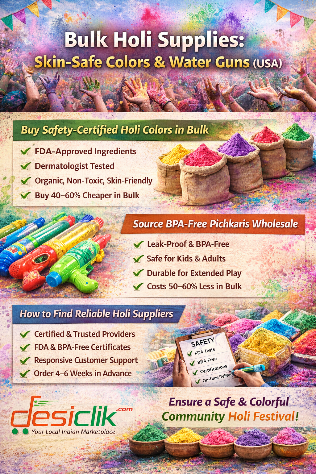 Bulk Holi Supplies: Skin-Safe Colors & Water Guns(USA)
