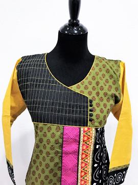 Front view - Designer Casual Green Kurti with Gamthi Work and Mustard Yellow Sleeves