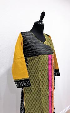Side view - Designer Casual Green Kurti with Gamthi Work and Mustard Yellow Sleeves