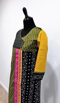 Side view - Designer Casual Green Kurti with Gamthi Work and Mustard Yellow Sleeves