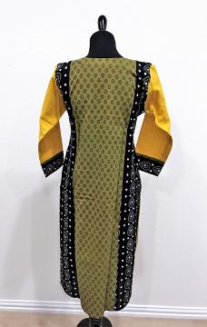 Back view - Designer Casual Green Kurti with Gamthi Work and Mustard Yellow Sleeves