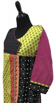 Side view - Designer Casual Yellow Kurti with Gamthi Work Panel and Dark Pink Sleeves