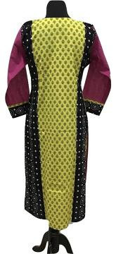 Back view - Designer Casual Yellow Kurti with Gamthi Work Panel and Dark Pink Sleeves