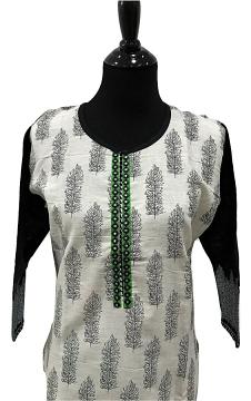 front view - Off White Linen Block Print Kurti With Green Border and Leggings
