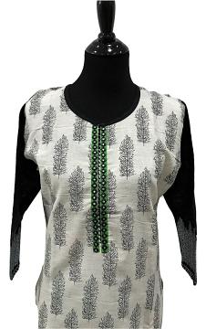 front view - Off White Linen Block Print Kurti With Green Border and Leggings