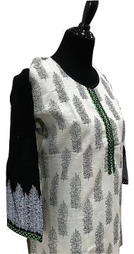 side view - Off White Linen Block Print Kurti With Green Border and Leggings