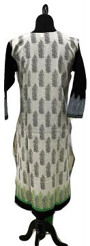 back view - Off White Linen Block Print Kurti With Green Border and Leggings
