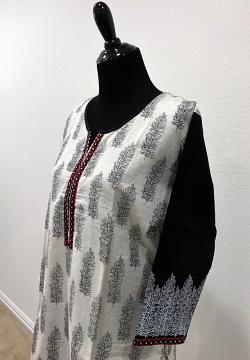 side view - Off White Linen Block Print Kurti With Red Border and Leggings