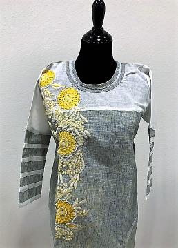 front view - Floral Embroidery Grey and Yellow Spring Kurti With leggings