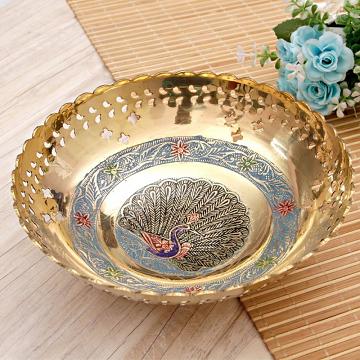 Brass home decor bowl with peacock engraved painting
