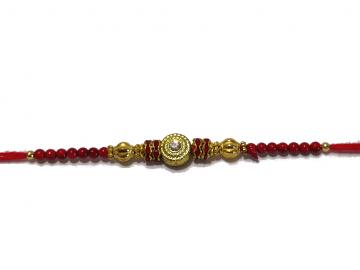 Traditional RAKHI Designed With Red Colored Stones and Beads for Brother