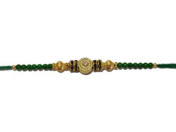 Traditional RAKHI Designed With Green Colored Stones and Beads for Brother