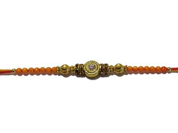 Traditional RAKHI Designed With Orange Colored Stones and Beads for Brother