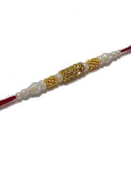 Traditional RAKHI in Gold W/ Diamonds and White Beads