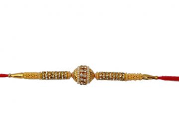 Designer RAKHI In Gold W/ American Diamonds and White Beads