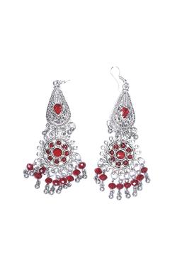 Afghan Brass Metal Long Earrings - Red
