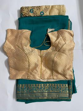 Green saree and creme readymade blouse