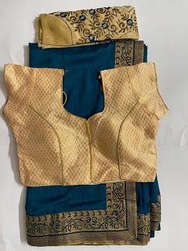 Blue saree and creme readymade blouse