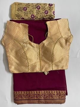 Merron saree with purple color flowers  and creme readymade blouse
