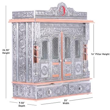 Display an image of the copper oxidized mandir with clear markings of its dimensions