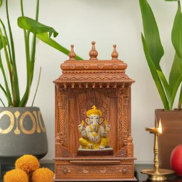 Illustrate the Gopura wooden mandir in a lifestyle setting, such as a well-designed living room or prayer room Illustrate the Gopura wooden mandir in a lifestyle setting, such as a well-designed living room or prayer room