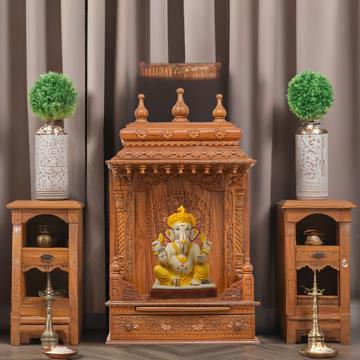 Illustrate the gopura wooden mandir in a lifestyle setting, such as a well-designed living room or prayer room