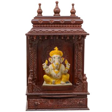 Show the interior of the gopura wooden mandir with a deity or spiritual figure prominently displayed. Show the interior of the gopura wooden mandir with a deity or spiritual figure prominently displayed.