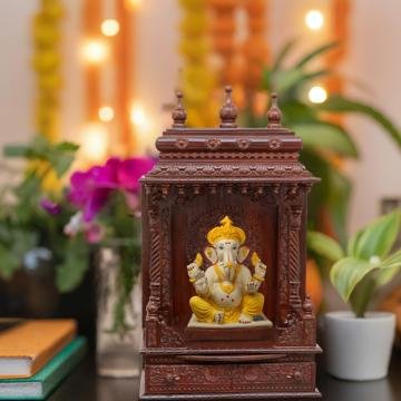 Illustrate the gopura wooden mandir in a lifestyle setting, such as a well-designed living room or prayer room Illustrate the gopura wooden mandir in a lifestyle setting, such as a well-designed living room or prayer room