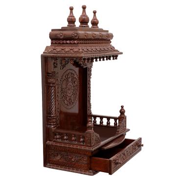 Present the gopura wooden mandir aligned to the right side of the image, with the rest of the space depicted as a well-decorated room