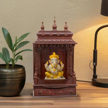 Illustrate the gopura wooden mandir in a lifestyle setting, such as a well-designed living room or prayer room