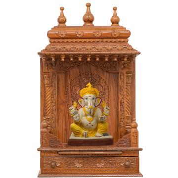 Show the interior of the gopura wooden mandir with a deity or spiritual figure prominently displayed. Show the interior of the gopura wooden mandir with a deity or spiritual figure prominently displayed.