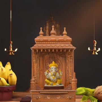 Illustrate the gopura wooden mandir in a lifestyle setting, such as a well-designed living room or prayer room Illustrate the gopura wooden mandir in a lifestyle setting, such as a well-designed living room or prayer room