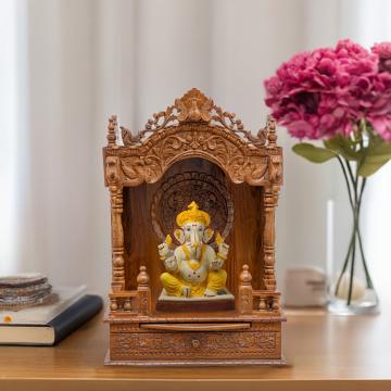 Illustrate the mandap wooden mandir in a lifestyle setting, such as a well-designed living room or prayer room
