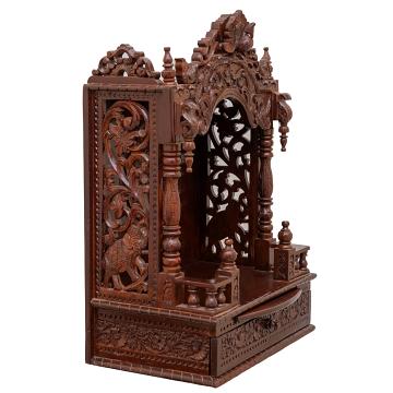 Present the mandap wooden mandir aligned to the right side of the image, with the rest of the space depicted as a well-decorated room
