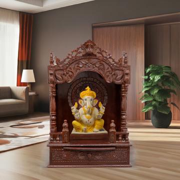 Illustrate the mandap wooden mandir in a lifestyle setting, such as a well-designed living room or prayer room