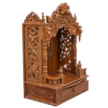 Present the mandap wooden mandir aligned to the right side of the image, with the rest of the space depicted as a well-decorated room Present the mandap wooden mandir aligned to the right side of the image, with the rest of the space depicted as a well-decorated room