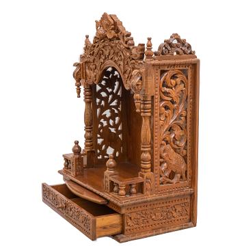 Feature the mandap wooden mandir positioned to the left side of the image Feature the mandap wooden mandir positioned to the left side of the image