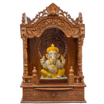 Show the interior of the mandap wooden mandir with a deity or spiritual figure prominently displayed. Show the interior of the mandap wooden mandir with a deity or spiritual figure prominently displayed.