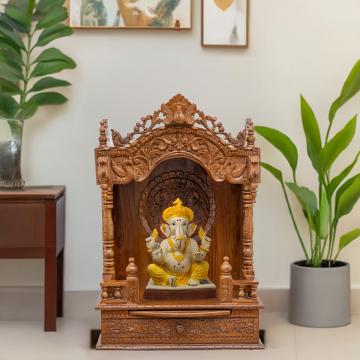 Illustrate the mandap wooden mandir in a lifestyle setting, such as a well-designed living room or prayer room Illustrate the mandap wooden mandir in a lifestyle setting, such as a well-designed living room or prayer room
