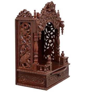 Present the mandap wooden mandir aligned to the right side of the image, with the rest of the space depicted as a well-decorated room Present the mandap wooden mandir aligned to the right side of the image, with the rest of the space depicted as a well-decorated room