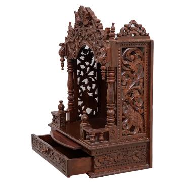Feature the mandap wooden mandir positioned to the left side of the image Feature the mandap wooden mandir positioned to the left side of the image