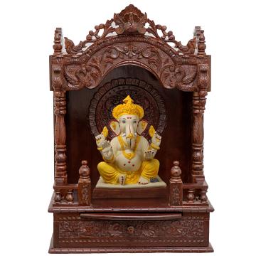 Show the interior of the mandap wooden mandir with a deity or spiritual figure prominently displayed. Show the interior of the mandap wooden mandir with a deity or spiritual figure prominently displayed.
