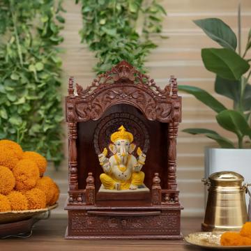 Illustrate the mandap wooden mandir in a lifestyle setting, such as a well-designed living room or prayer room Illustrate the mandap wooden mandir in a lifestyle setting, such as a well-designed living room or prayer room
