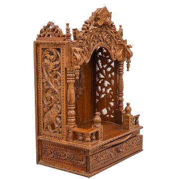 Present the mandap wooden mandir aligned to the right side of the image, with the rest of the space depicted as a well-decorated room