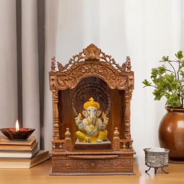 Illustrate the mandap wooden mandir in a lifestyle setting, such as a well-designed living room or prayer room
