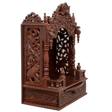 Present the mandap wooden mandir aligned to the right side of the image, with the rest of the space depicted as a well-decorated room