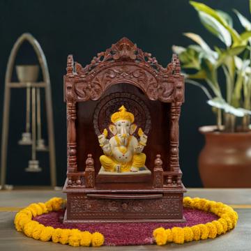 Illustrate the mandap wooden mandir in a lifestyle setting, such as a well-designed living room or prayer room