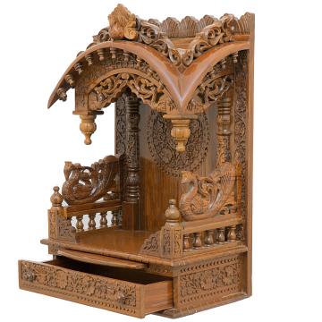 Feature the torana wooden mandir positioned to the left side of the image Feature the torana wooden mandir positioned to the left side of the image