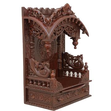 Present the torana wooden mandir aligned to the right side of the image, with the rest of the space depicted as a well-decorated room Present the torana wooden mandir aligned to the right side of the image, with the rest of the space depicted as a well-decorated room