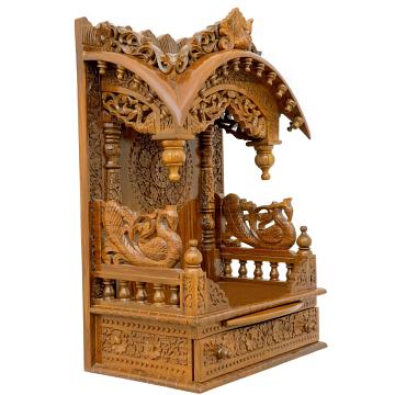 Present the torana wooden mandir aligned to the right side of the image, with the rest of the space depicted as a well-decorated room Present the torana wooden mandir aligned to the right side of the image, with the rest of the space depicted as a well-decorated room